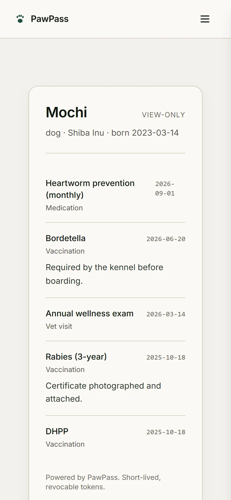 The kennel’s phone: the read-only shared record for Mochi showing vaccinations with dates, opened in a browser without signing in